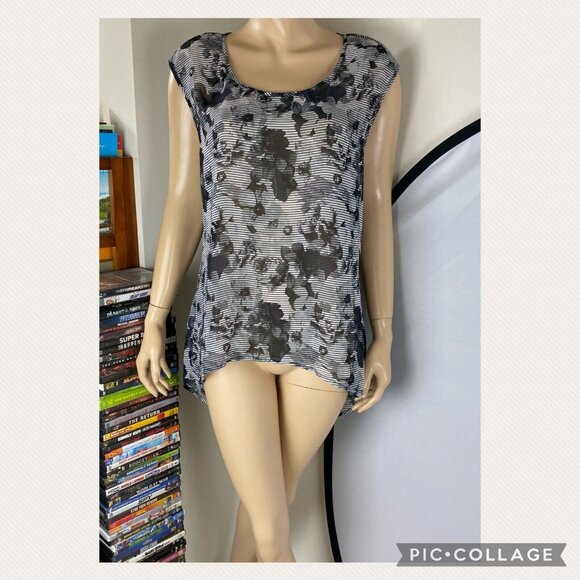 Studio Y Womens L Sheer Floral Striped Hi-Lo Hem Tunic Blouse Top Keyhole Back - Picture 14 of 15